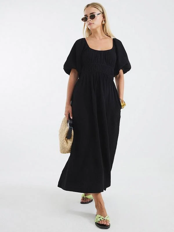 River Island Petite Short Sleeve Linen Midi Dress - Black