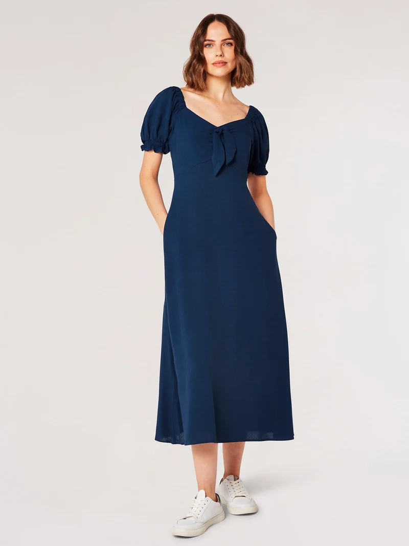 Tie Detail Milkmaid Midaxi Dress Navy