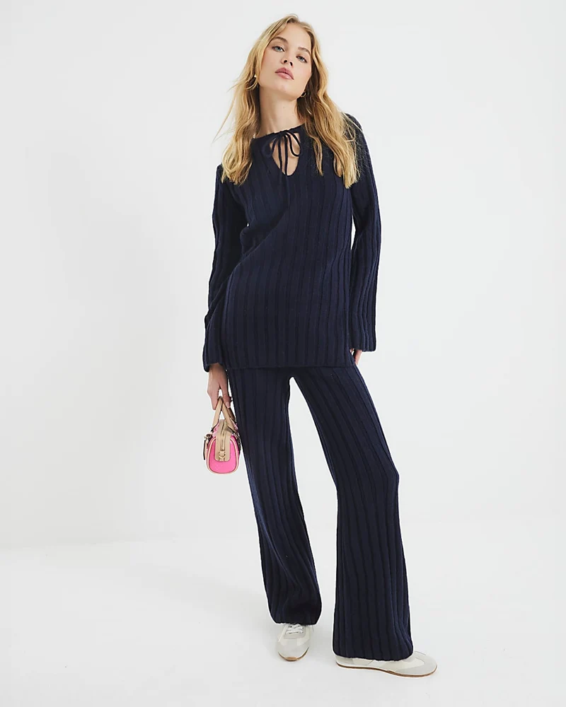 River Island Ribbed Flare Trouser - Navy - Blue