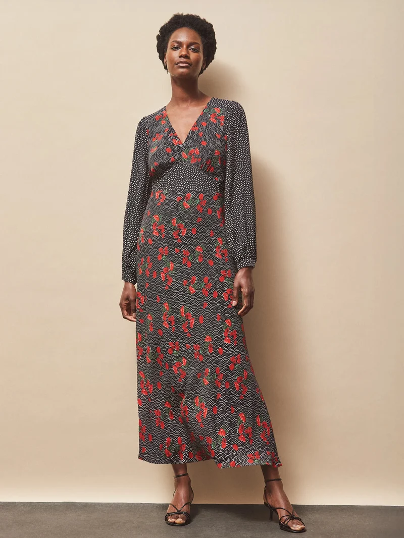 Floral Polka Dot Long Sleeve V Neck Midi Dress