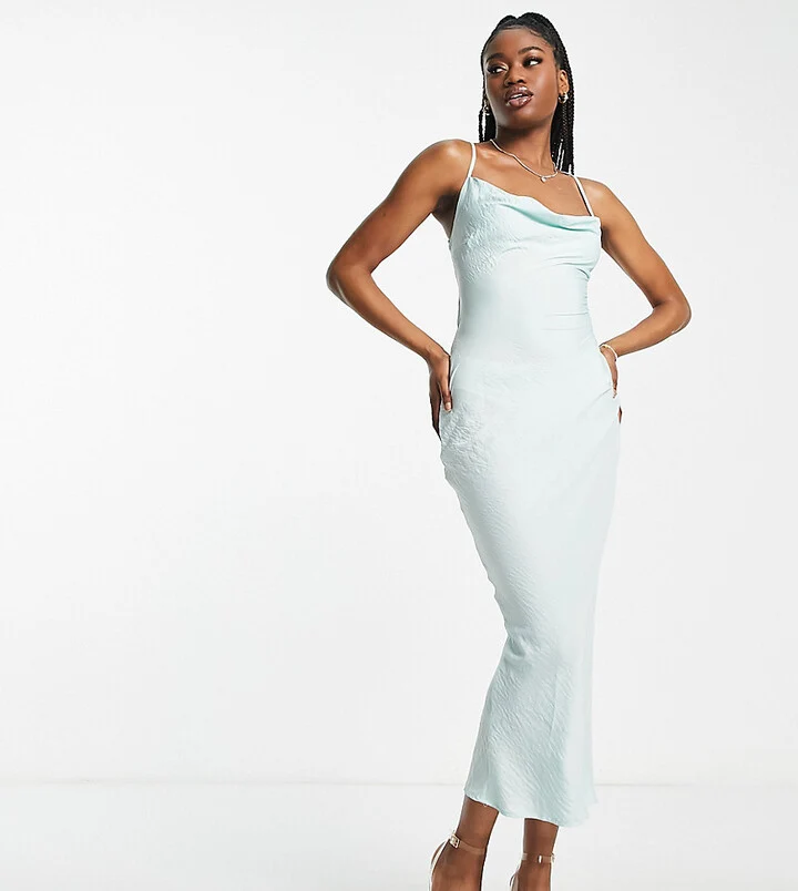 Satin Cowl Neck Midi Dress in Sage Green
