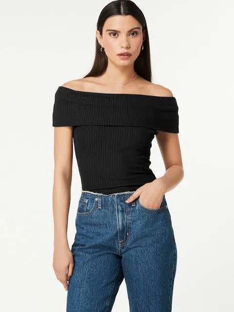 Ribbed Black Bardot Top