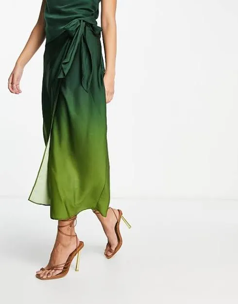 Satin Midi Skirt Co-ord in Green Ombre