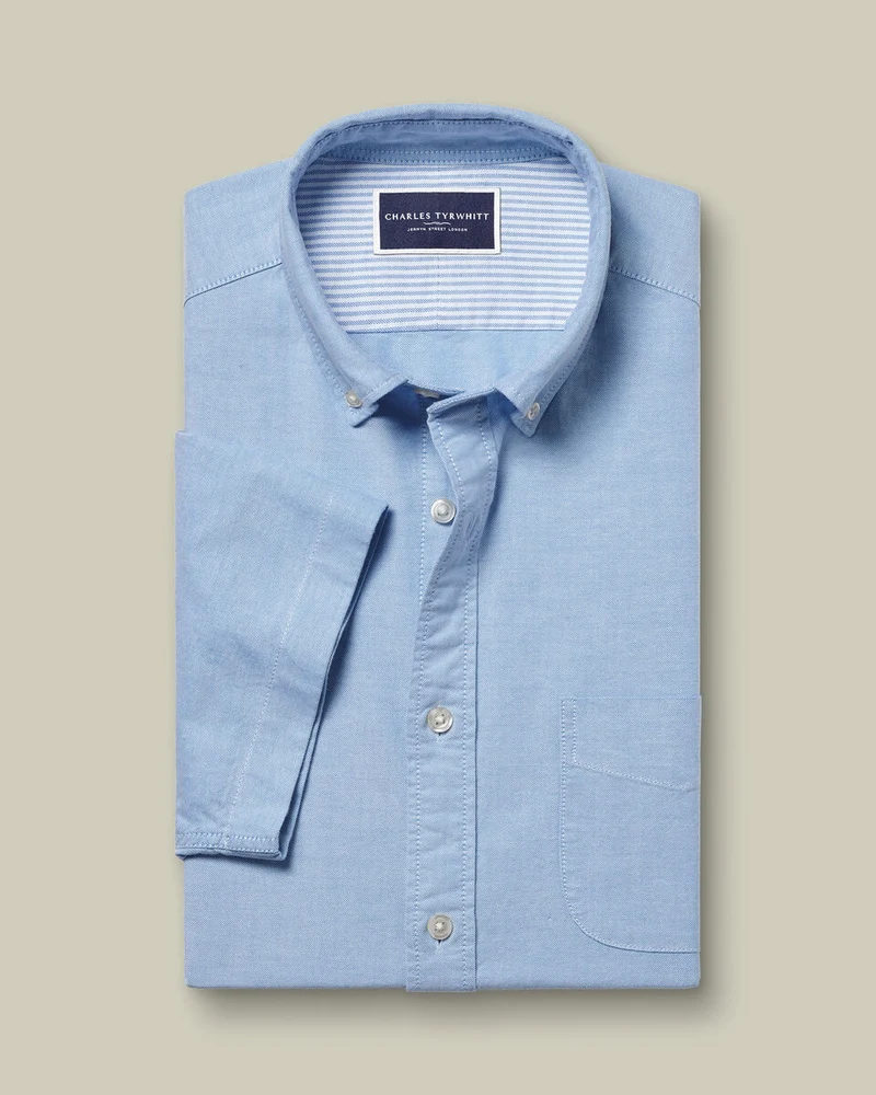 Button-Down Collar Washed Oxford Short Sleeve Classic Fit Shirt Blue