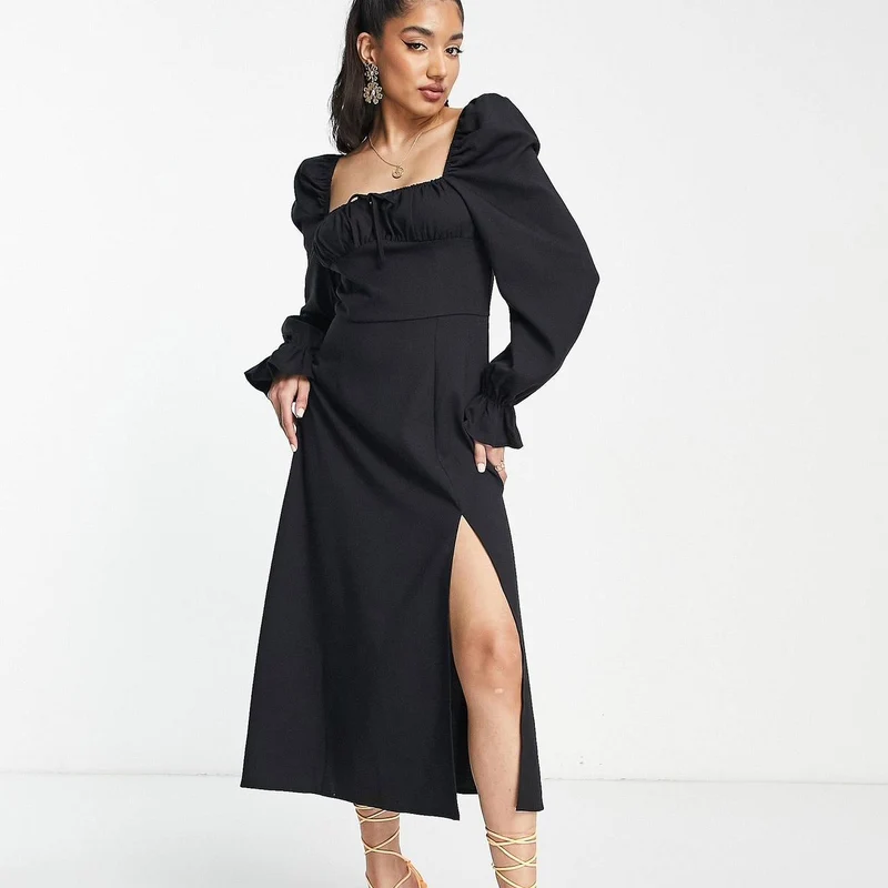 Midaxi Milkmaid Dress in Linen With Tie Bust Detail