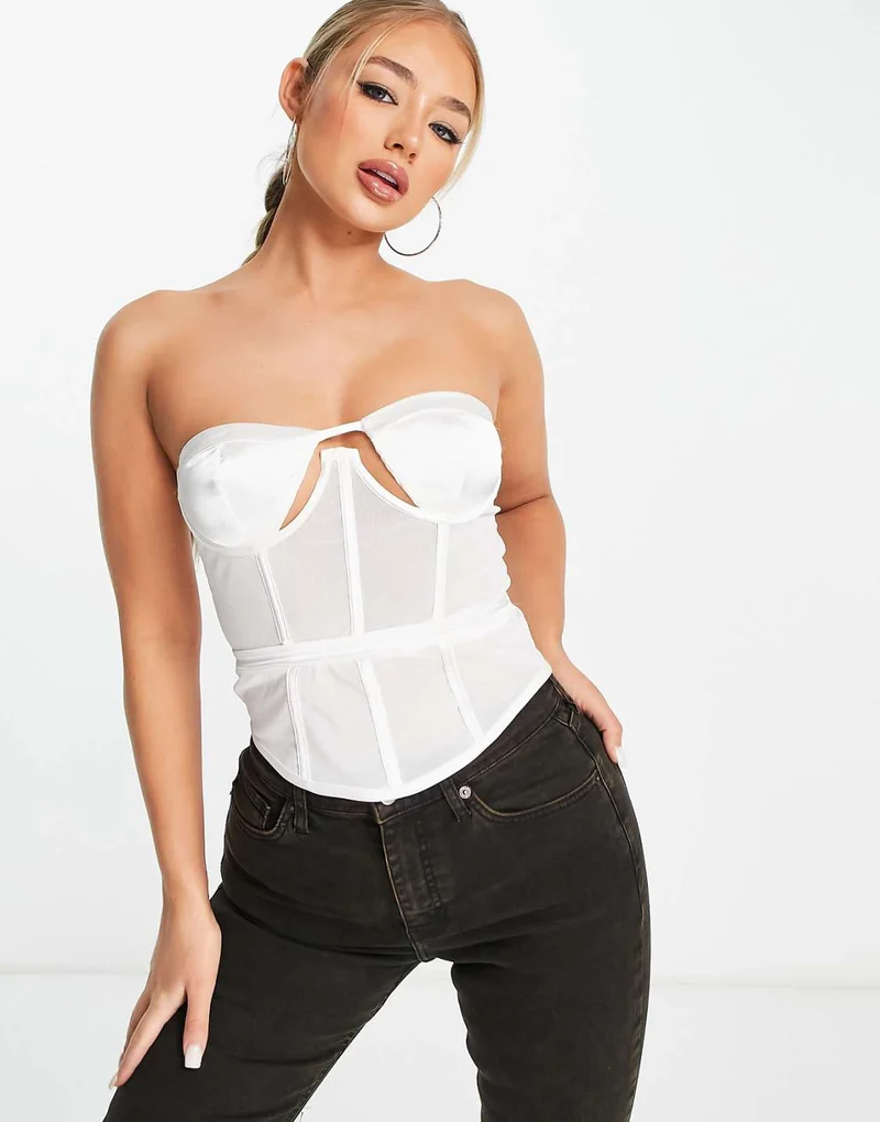 Mesh Satin Corset in White