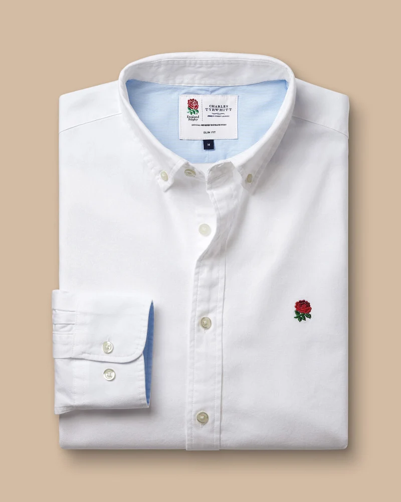England Rugby Washed Oxford Classic Fit Shirt with Red Rose - White