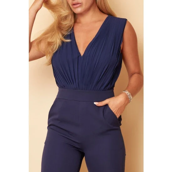 Navy Pleated V Neck Jumpsuit