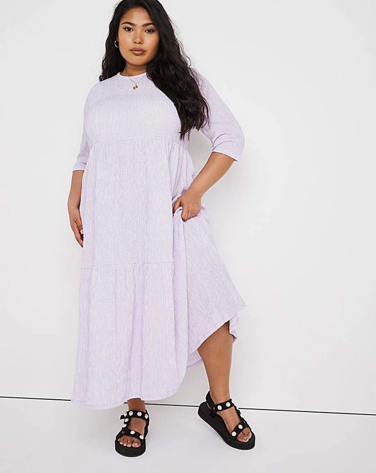 Lilac Gingham Waffle Tiered Midi Dress