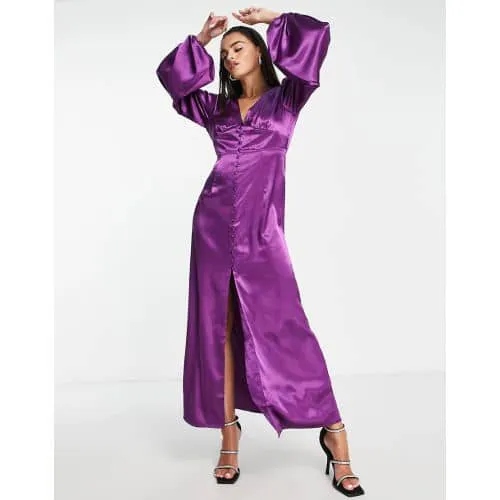Purple Long Sleeve V Neck Satin Button Through Midi Dress