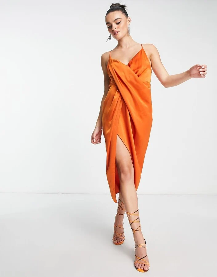 Drape Detail Satin Midi Dress Rust