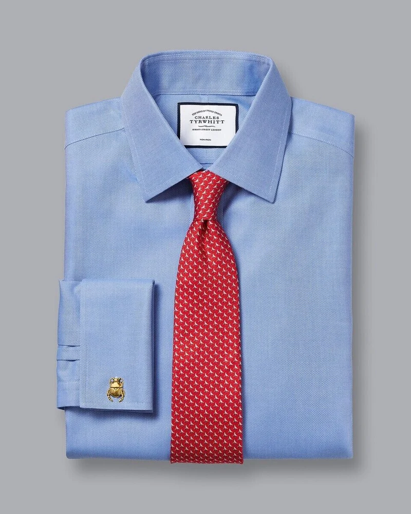 Slim Fit Herringbone Double Cuff Twill Shirt Blue