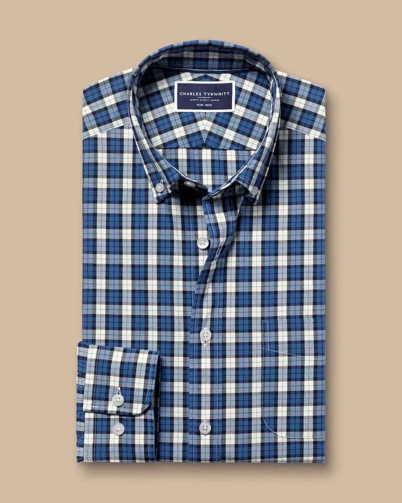 Button-Down Collar Non-Iron Stretch Poplin Plaid Check Slim Fit Shirt - Ocean Blue