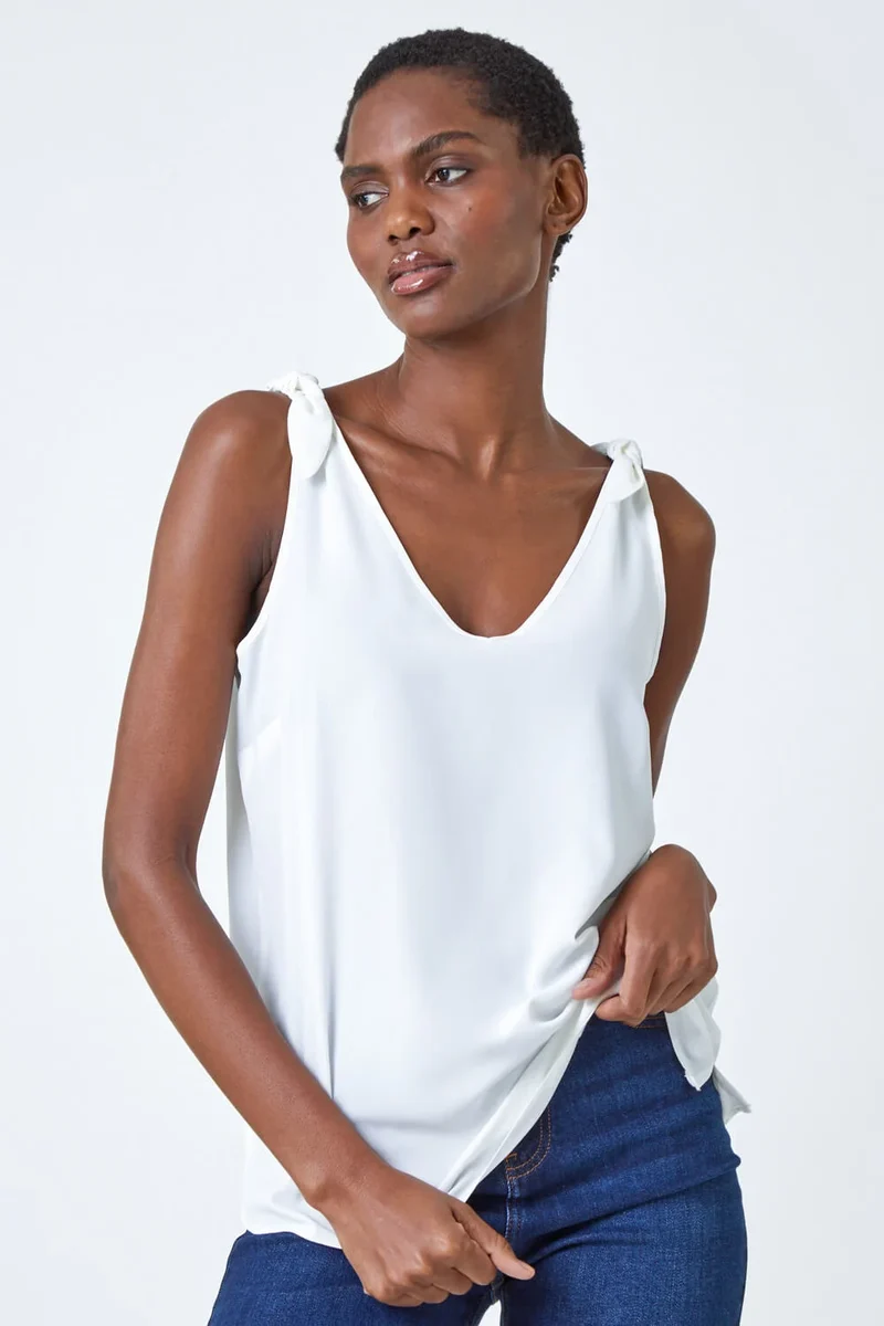 Ivory Tie Detail Strap Chiffon Cami Top
