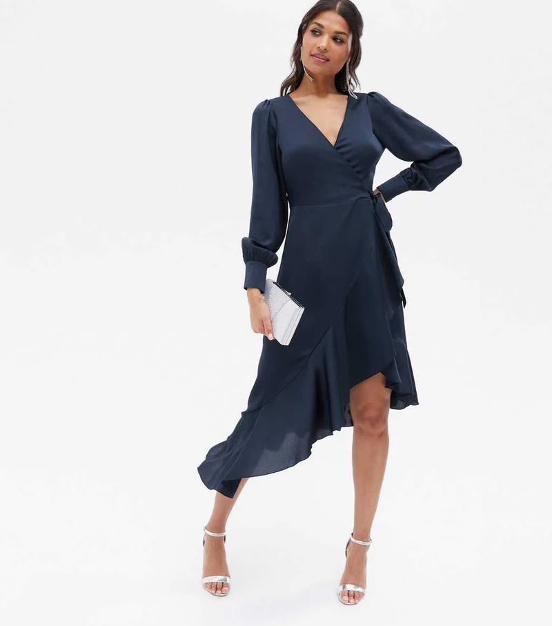 Charlotte Navy Frill Wrap Midi Dress