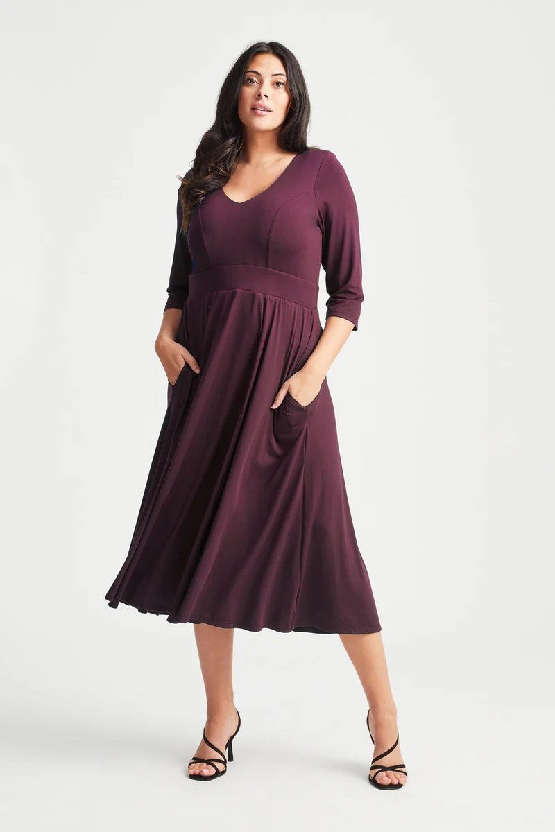 Wine V Neck Long Peach Touch Midi Dress