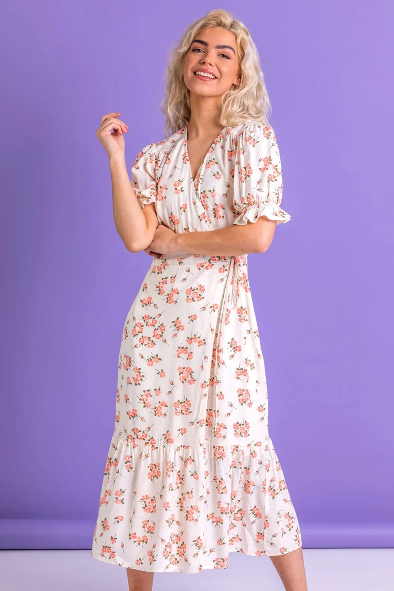 Coral Ditsy Floral Frill Detail Midi Dress