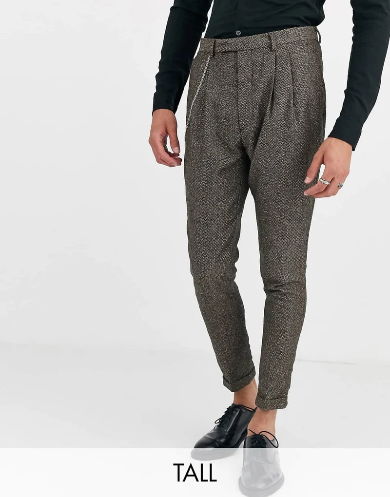 Tall tapered fit cropped suit trousers in herringbone
