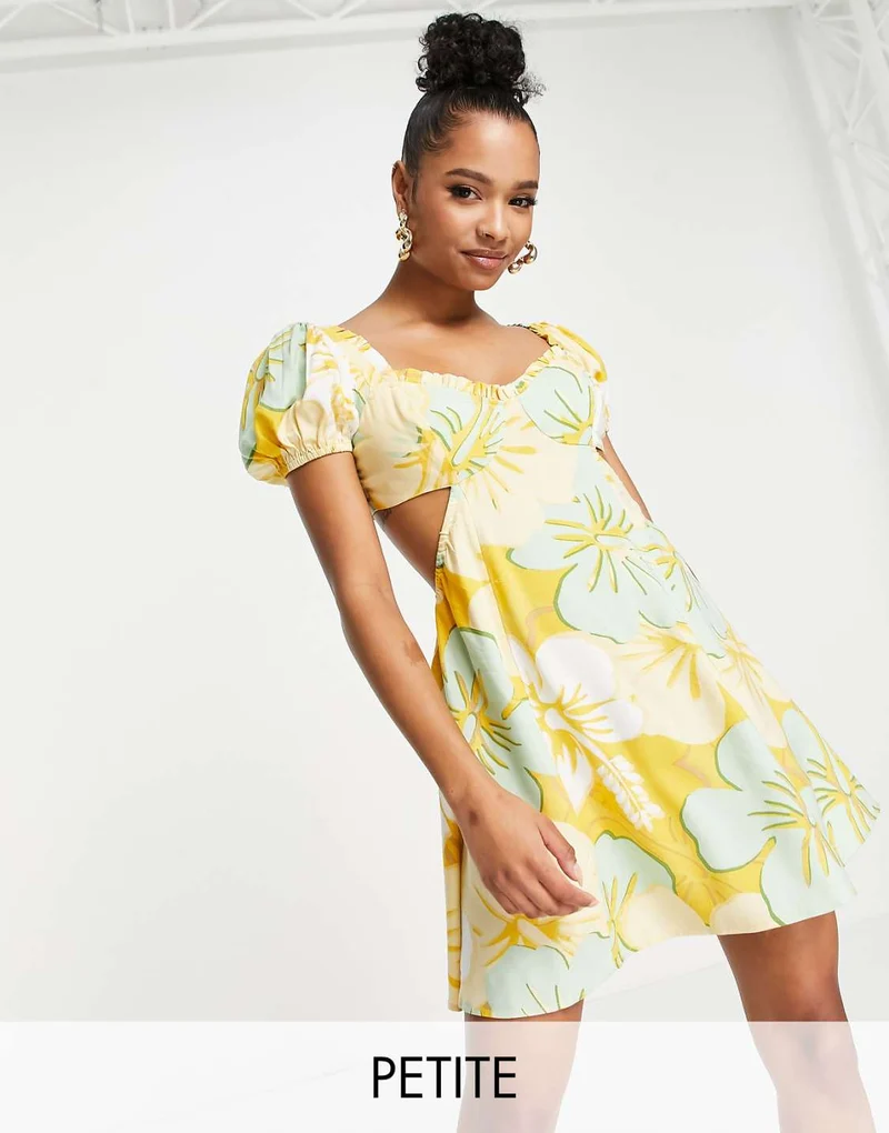 Underwire Tie Back Tea Dress in Yellow Hibiscus Print Dress