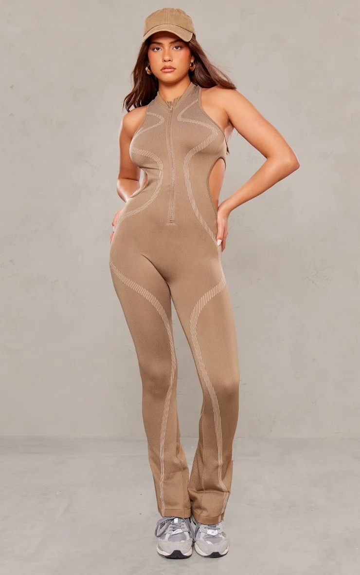 Nude Seamless Contrast Seam Cut Out Sleeveless Unitard.