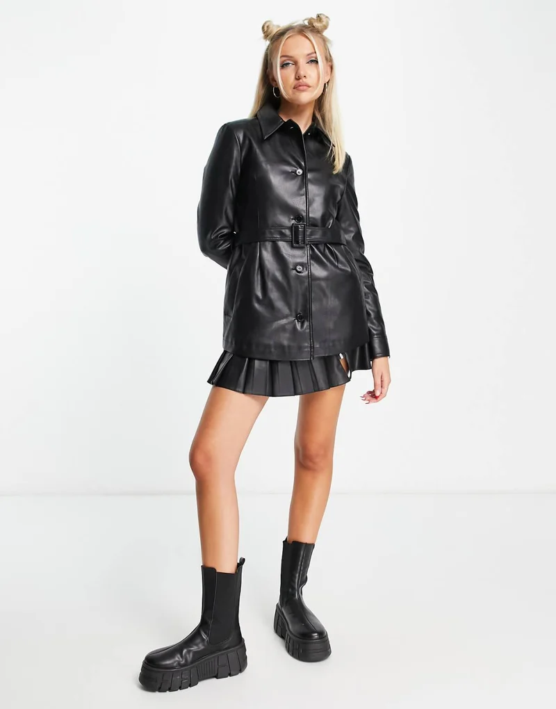 Collusion Faux PU Belted Shacket in Black