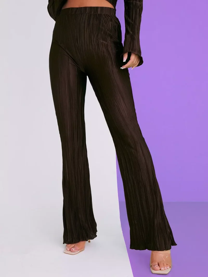 Flared Plisse Trousers Chocolate Brown