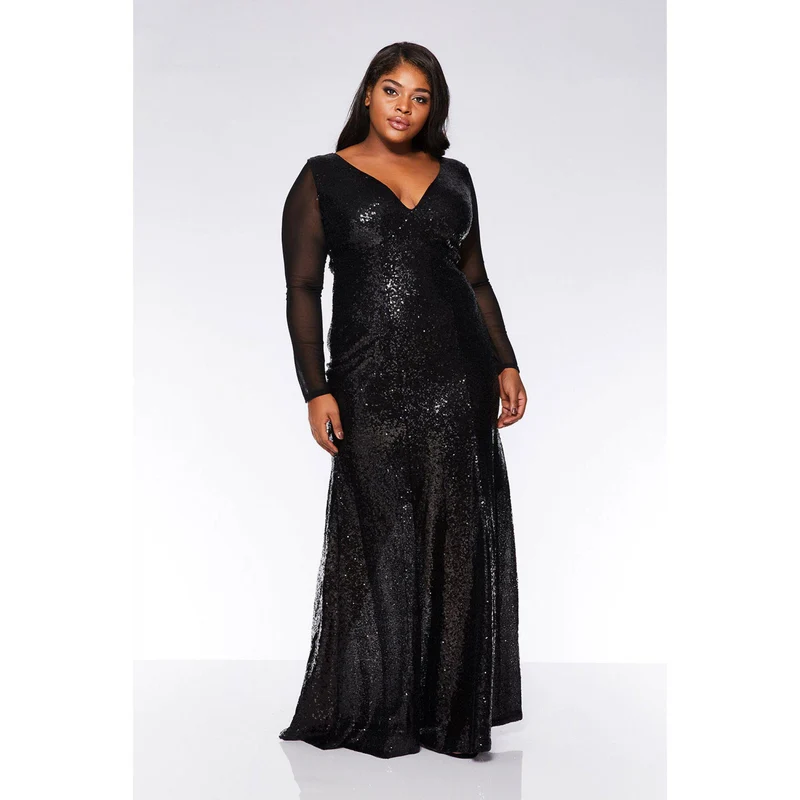 V-Neck Longsleeve Sequin Maxi Dress Black