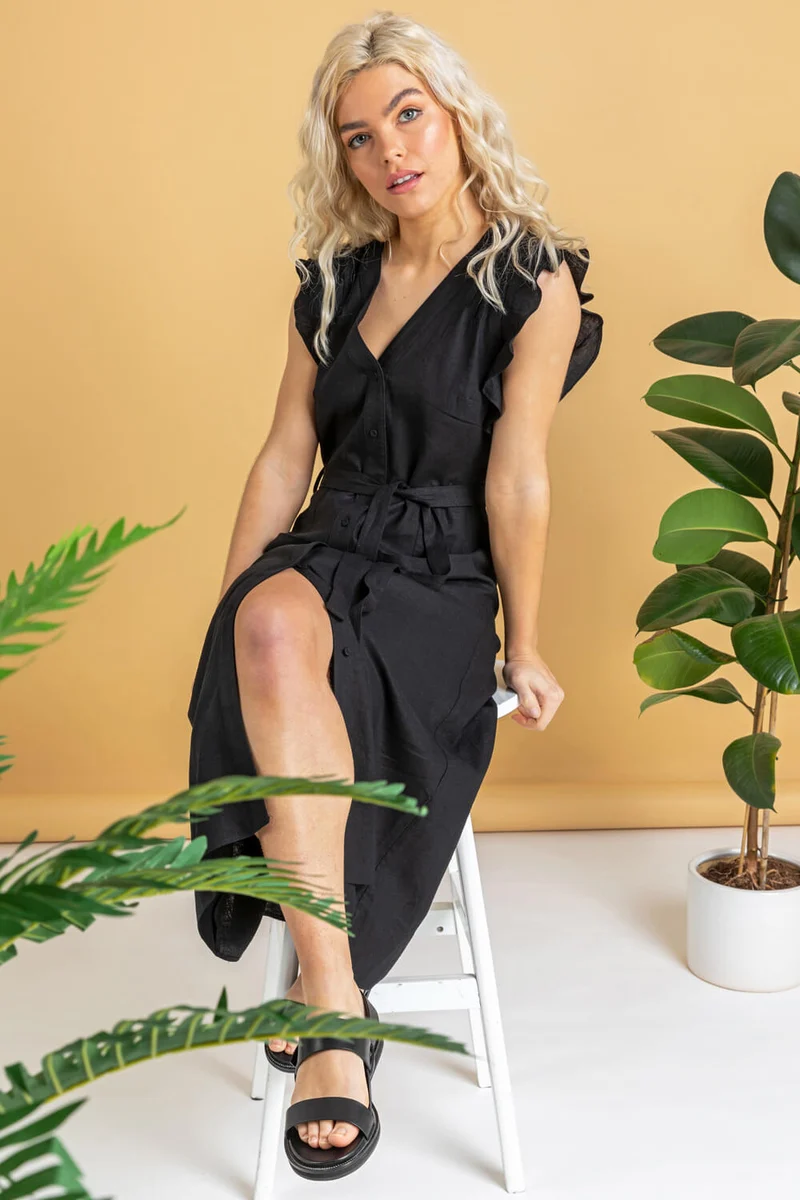 Black Belted Frill Hem Shift Dress