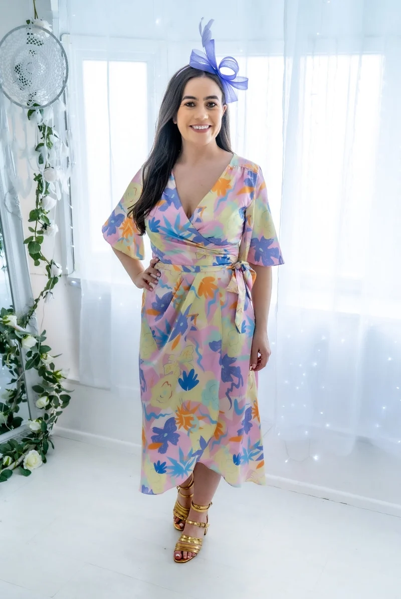 Wrap Front Leaf Print Midi Dress