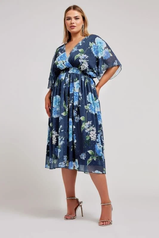 Navy blue floral dress with elastic waist