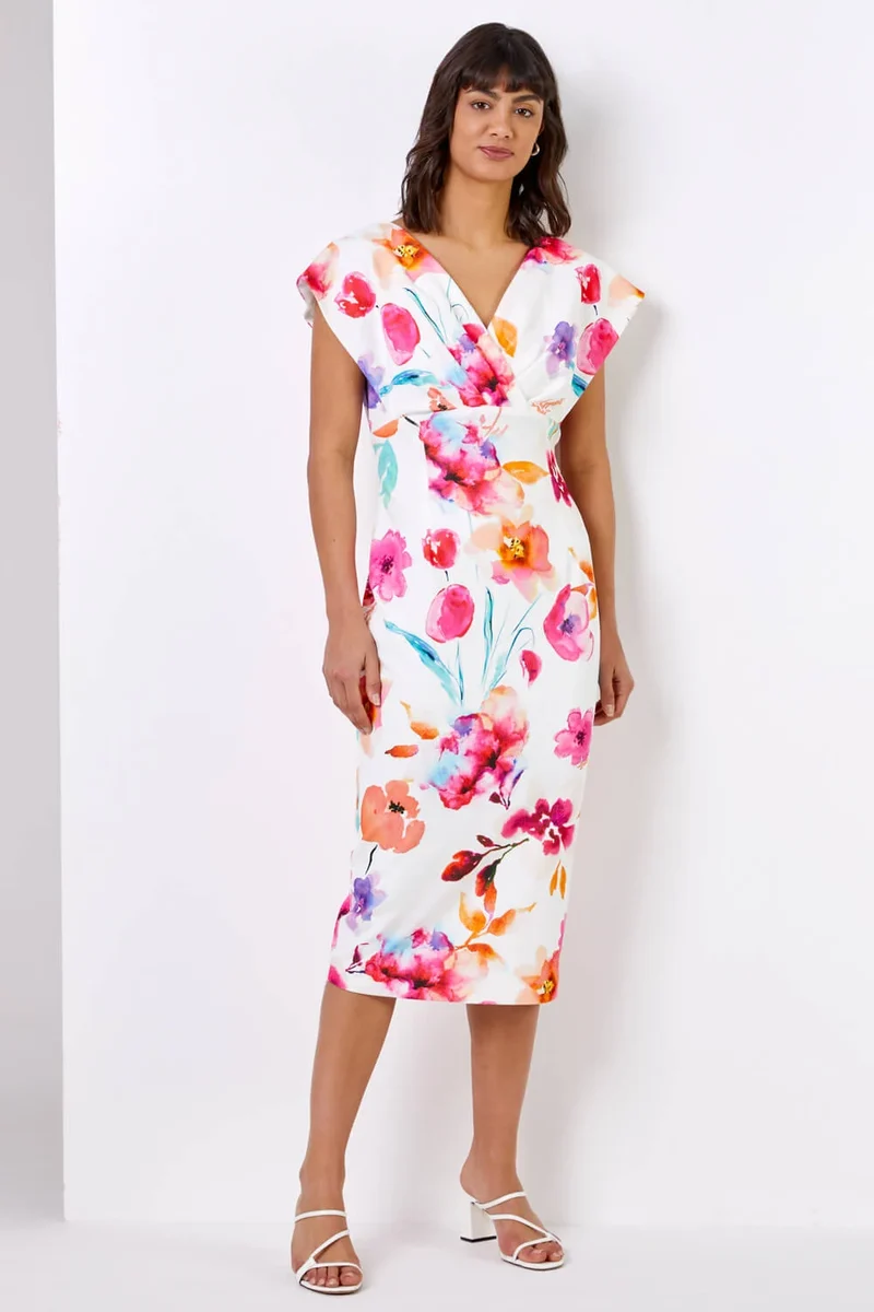 Ivory Floral Print Cross Front Midi Dress