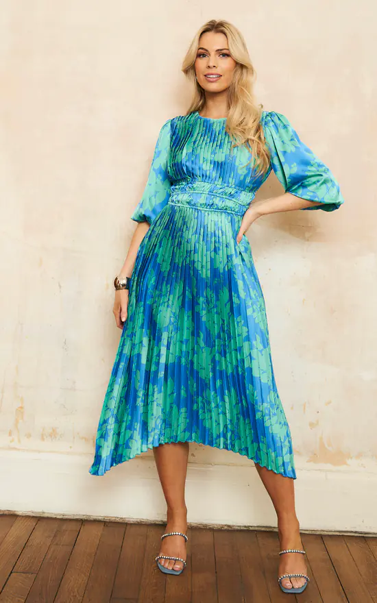 Balloon Sleeves Pleated Hem Midi Floral Dress