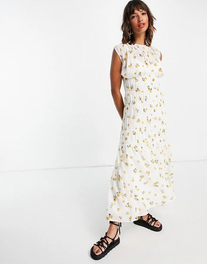 Gathered Detail Sleeveless Maxi Dress in Ditsy Print