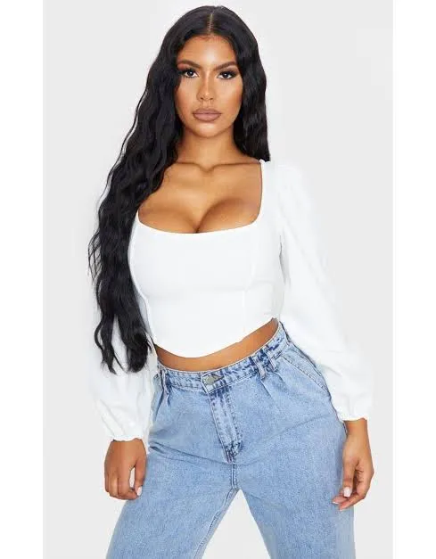 White Binding Balloon Sleeve Crop Top