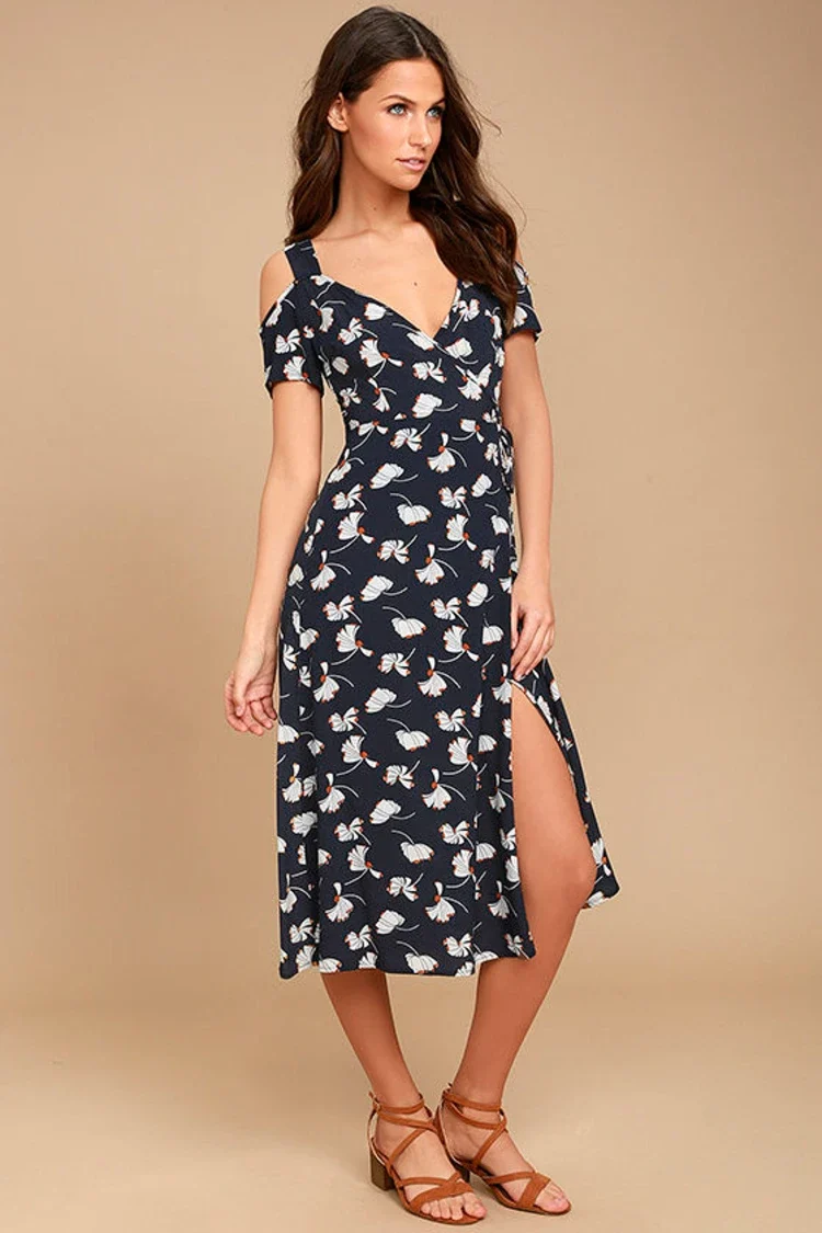 Navy Floral Print Wrap Dress