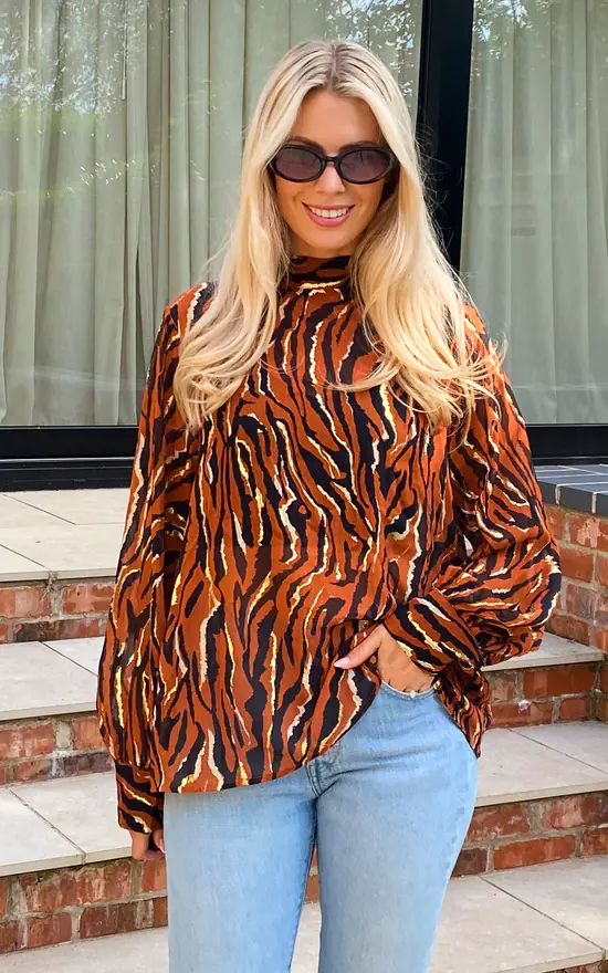 Zebra High Neck Chiffon Blouse In Brown With Gold