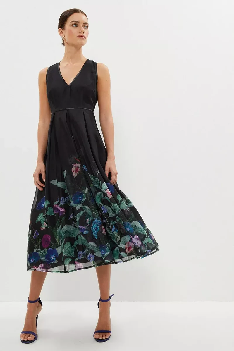 V Neck Tipped Organza Midi Dress