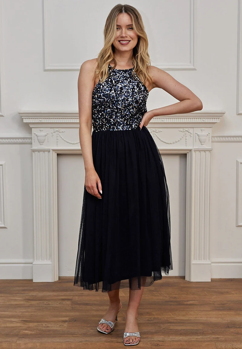 Embellished Halter Midi Neck Dress Navy