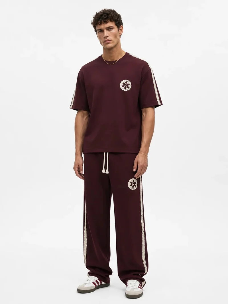 Men's Regular Fit Tracksuit Set with Embroidered Stripe Detail, Burgundy