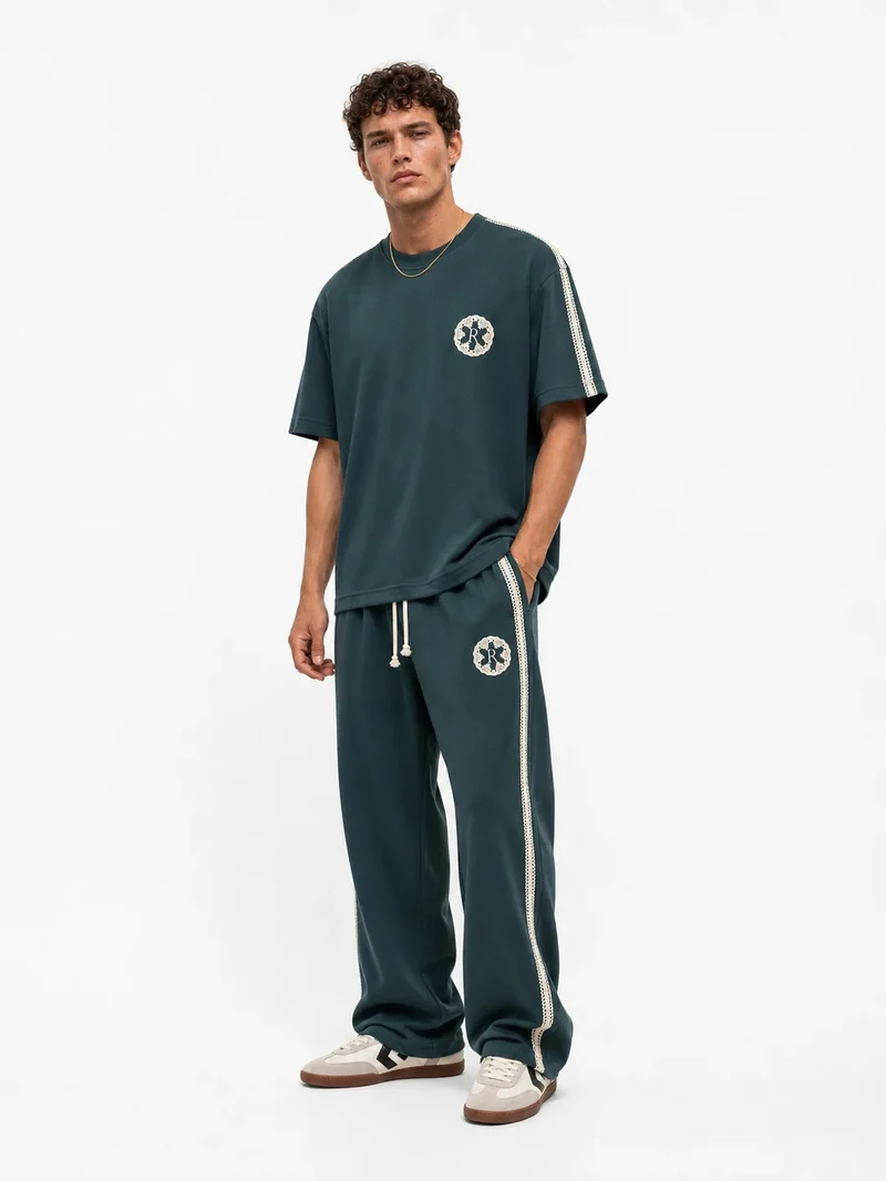 Men's Regular Fit Tracksuit Set with Embroidered Stripe Detail, Petrol