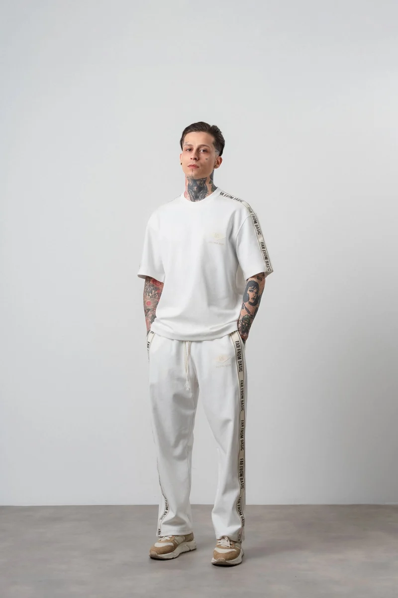 Men's Far From Basic Ribbon Detailed Regular Fit T-Shirt Trouser Set Ecru