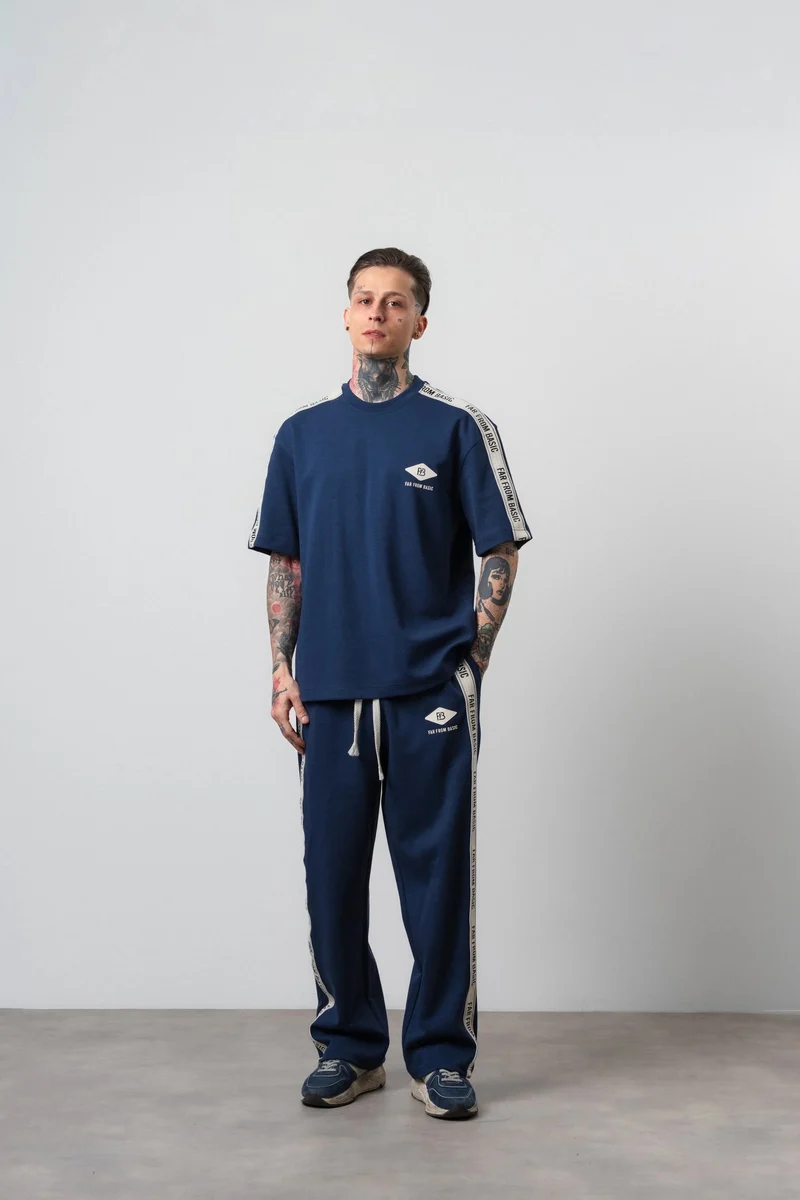 Men's Far From Basic Ribbon Detailed Regular Fit T-Shirt Trouser Set Navy Blue
