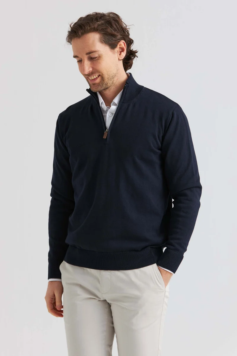 Marinblå bomullströja half zip