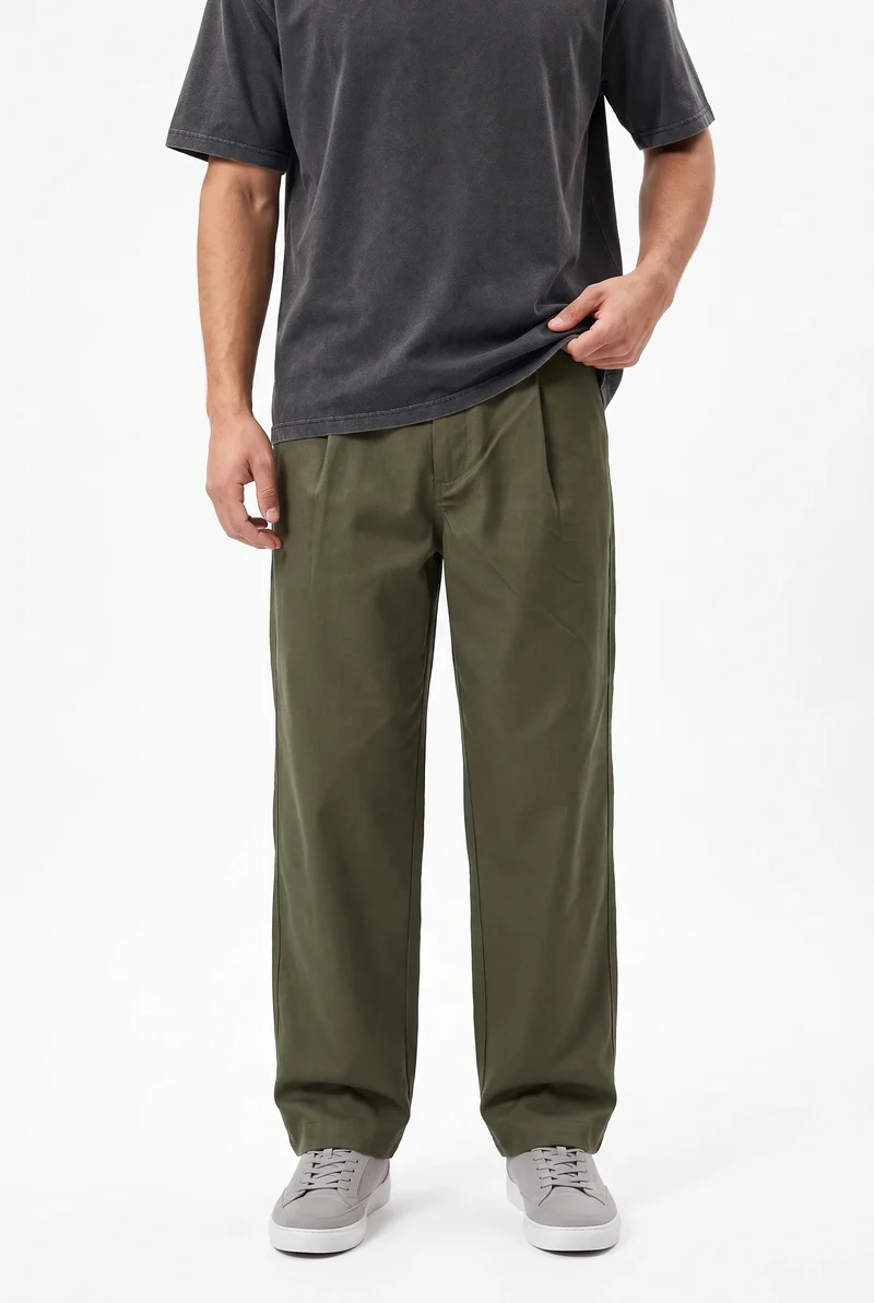 Men's Baggy Fabric Dress with Pleated Details, Khaki