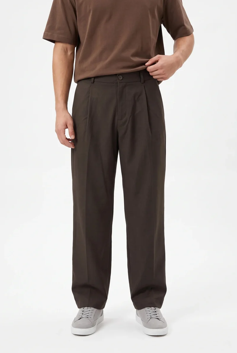 Men's Baggy Fabric Dress with Pleated Details, Brown