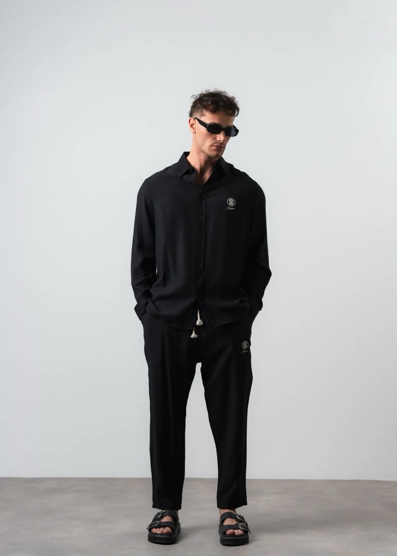 Men's Linen Oversize Shirt and Pants Suit, Black