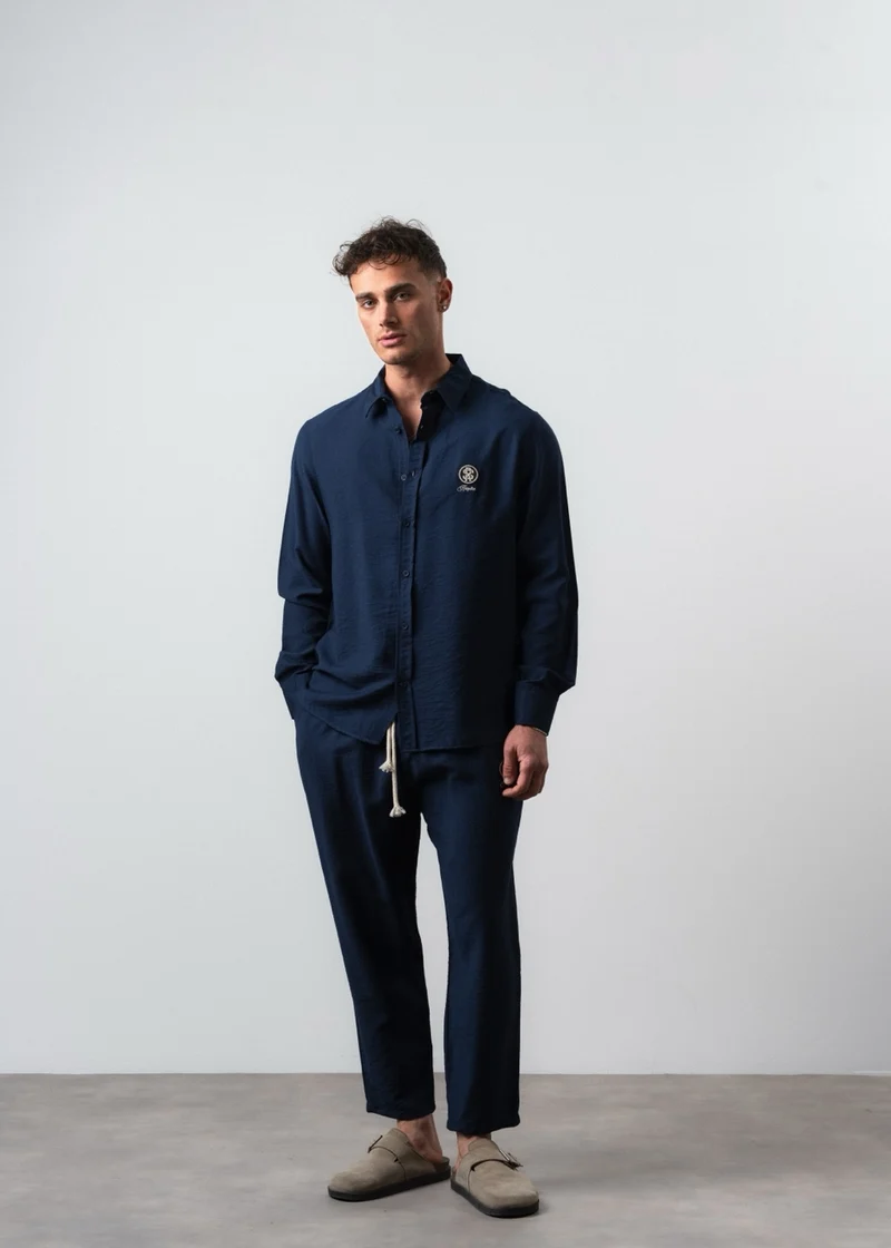 Men's Linen Oversize Shirt and Pants Suit, Navy Blue