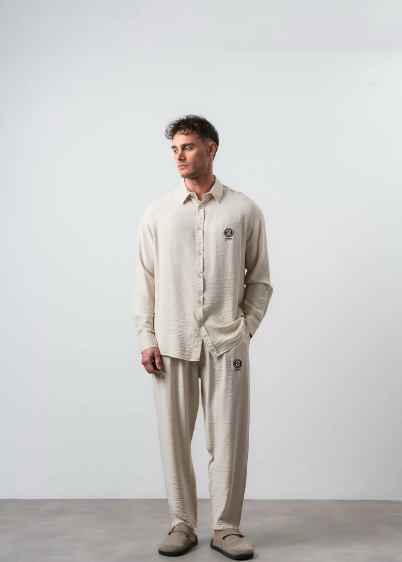 Men's Linen Oversize Shirt and Pants Suit, Bej