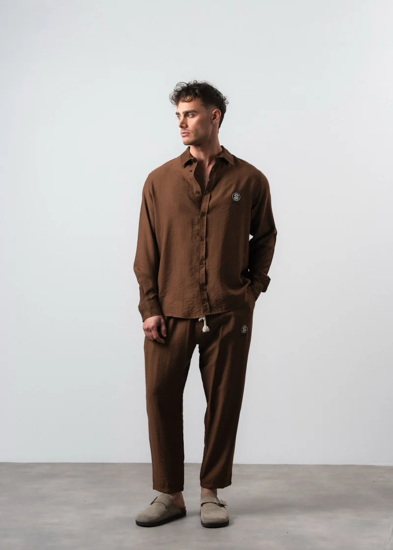 Men's Linen Oversize Shirt and Pants Suit, Brown