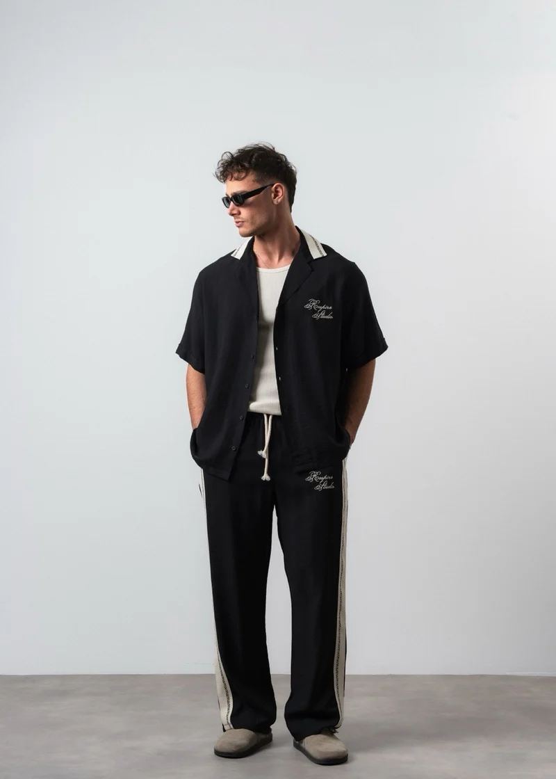 Men's Striped Detail Linen Oversize Shirt and Pants Set, Black